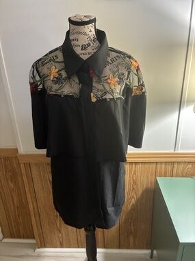 Black Floral Embroidered Sheer Yoke Button-Up Shirt Plus Sz 2X nwot